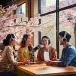 Firefly おしゃれなラジオ放送局のスタジオで日本人の{男性1人}と{女性3人}の{{計4人}}で楽しそうに春にちなんだ話題と春の話題を話している様子。 64148