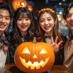 Firefly_おしゃれなラジオブース内で日本人の男(2人)女(2人)に計4人がハロウィンの話で盛り上がっている様子 505266